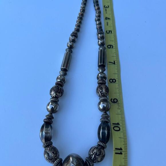 Tarnished silver color beaded necklace. Multiple shapes & sizes of silver color - Picture 5 of 5